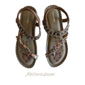 Ablanczoom Womens Boho Rhinestone T Strap Sandals Brown Flat 40/9
